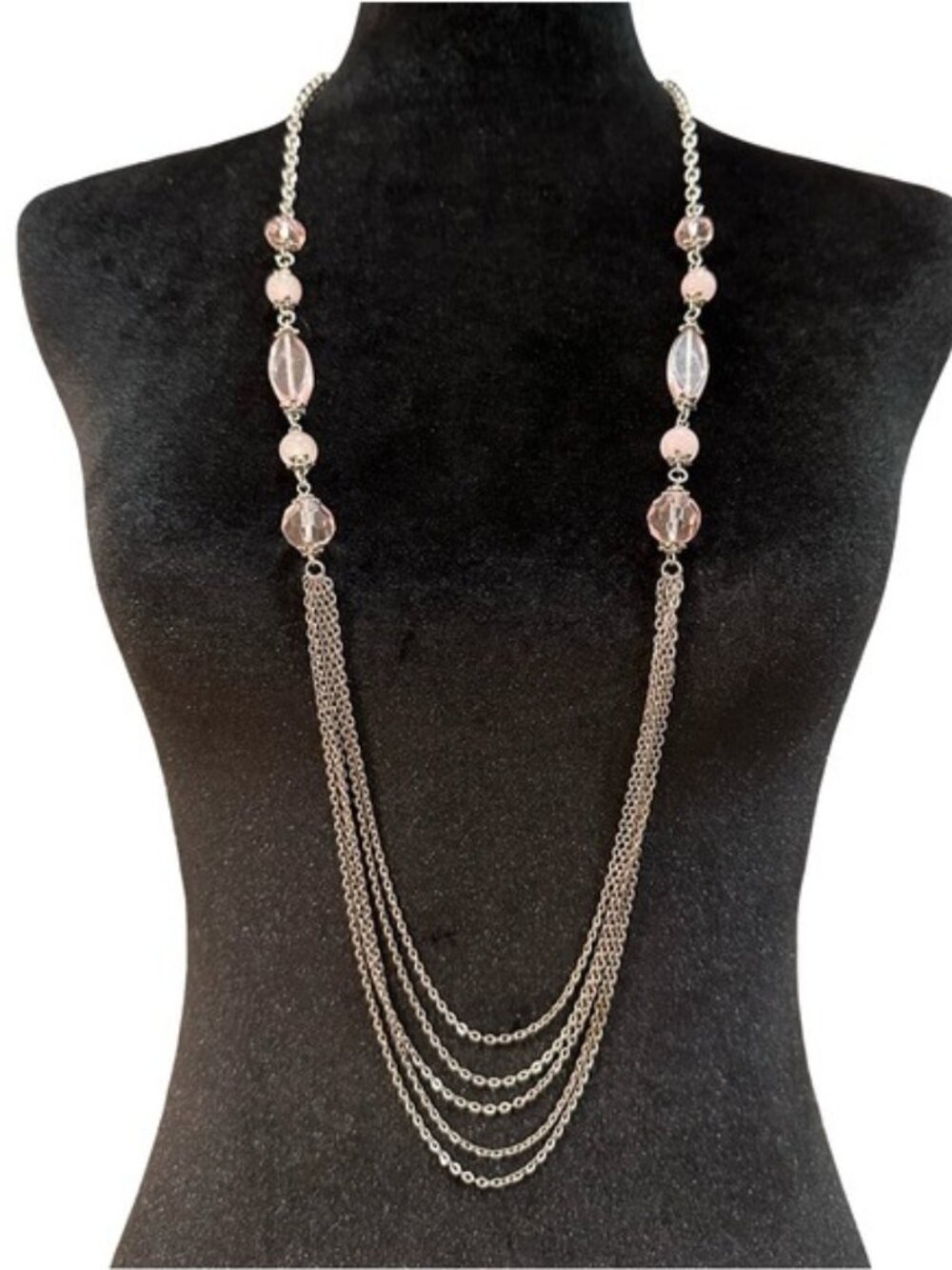 Long Silver Chain Necklace With Pink Beads & Multi Layered Strand Detail